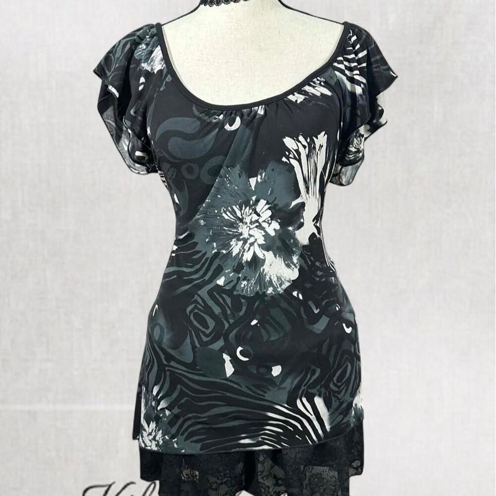 Y2k Sheer Abstract Patterned Goth Aesthetic Flutter Sleeve Blouse